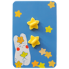 The back of an enamel pin packaging with two yellow star rubber stopper, mounted on a blue backing card decorated with colourful stars.