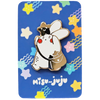 A Misu Juju enamel pin of the bunny character wearing a star on its head and bag, mounted on a blue backing card decorated with colourful stars and the Misu Juju logo.