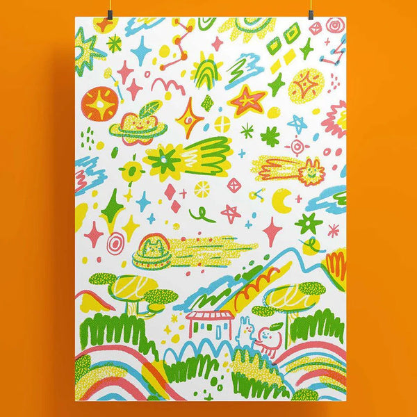 Riso print with illustrations colourful cartoons on a white background