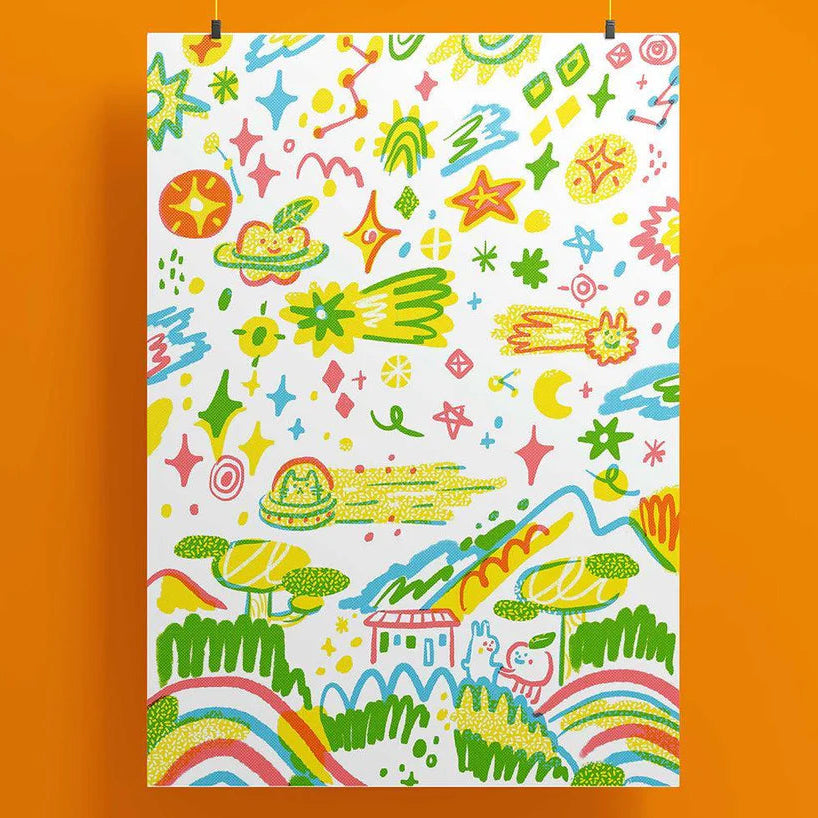 Riso print with illustrations colourful cartoons on a white background
