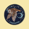 Embroidered patch with an owl and moon design on a dark blue background, labeled 'Stargazer'.