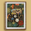 Framed artwork of two animals in a decorative setting with flowers and a banjo.