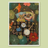 Illustration of a mouse and frog sitting together on a checkered blanket with flowers and leaves around.
