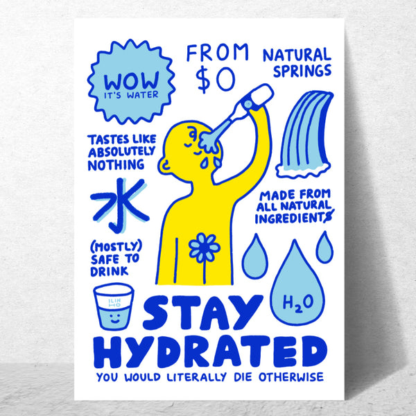 Cartoon character holding a bottle of water with text about water quality and hydration on a white background.