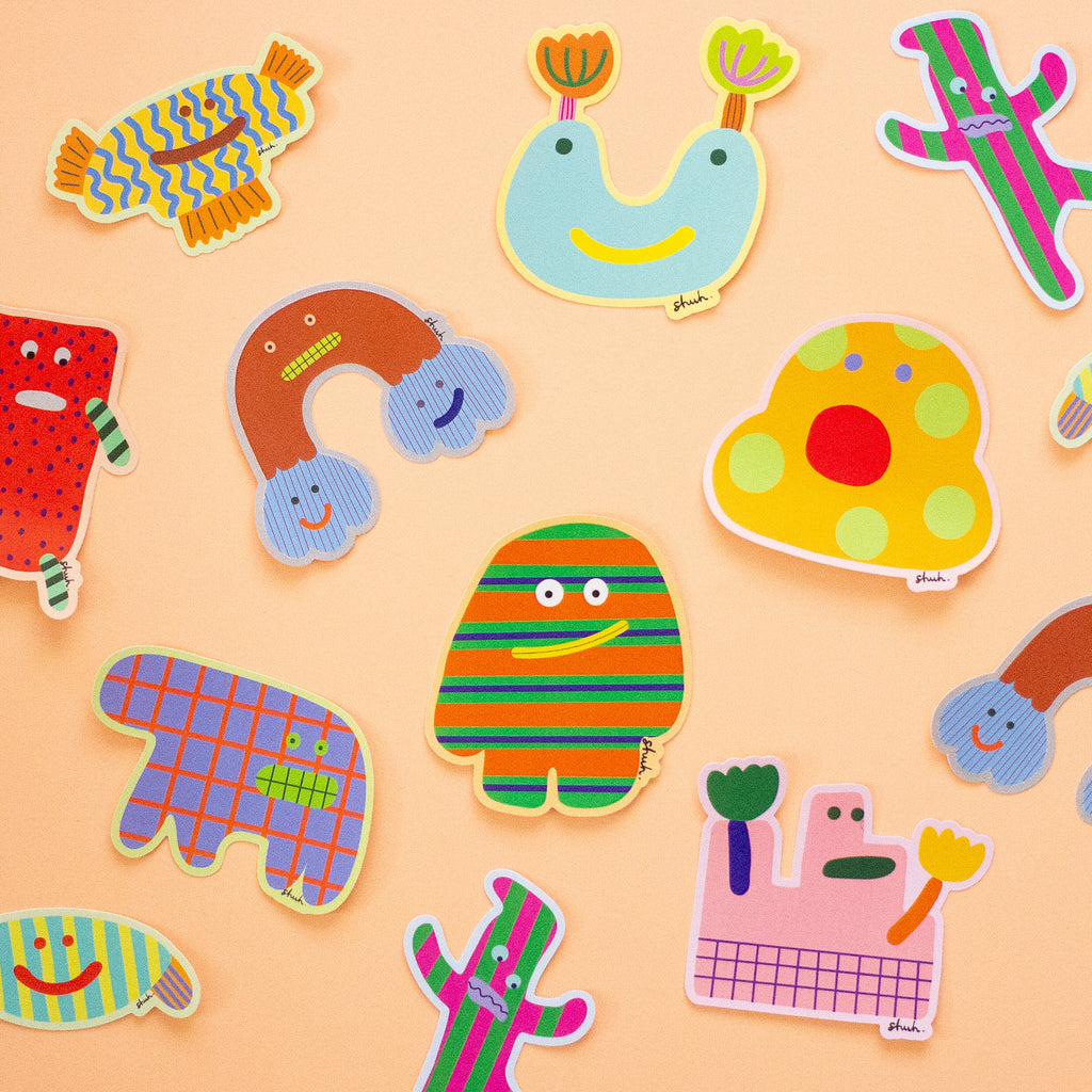 shuh.'s sticker collection. Featuring flowers, monsters, and a shuh. girl. Bright, colourful, and full of personality.