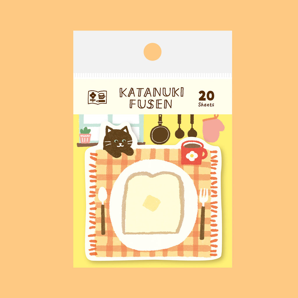 Sticky notes with a design of cat and toast on a yellow background