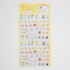 A sheet of cute daily planner stickers with various cartoon designs including animals, flowers, and banners on a white background.
