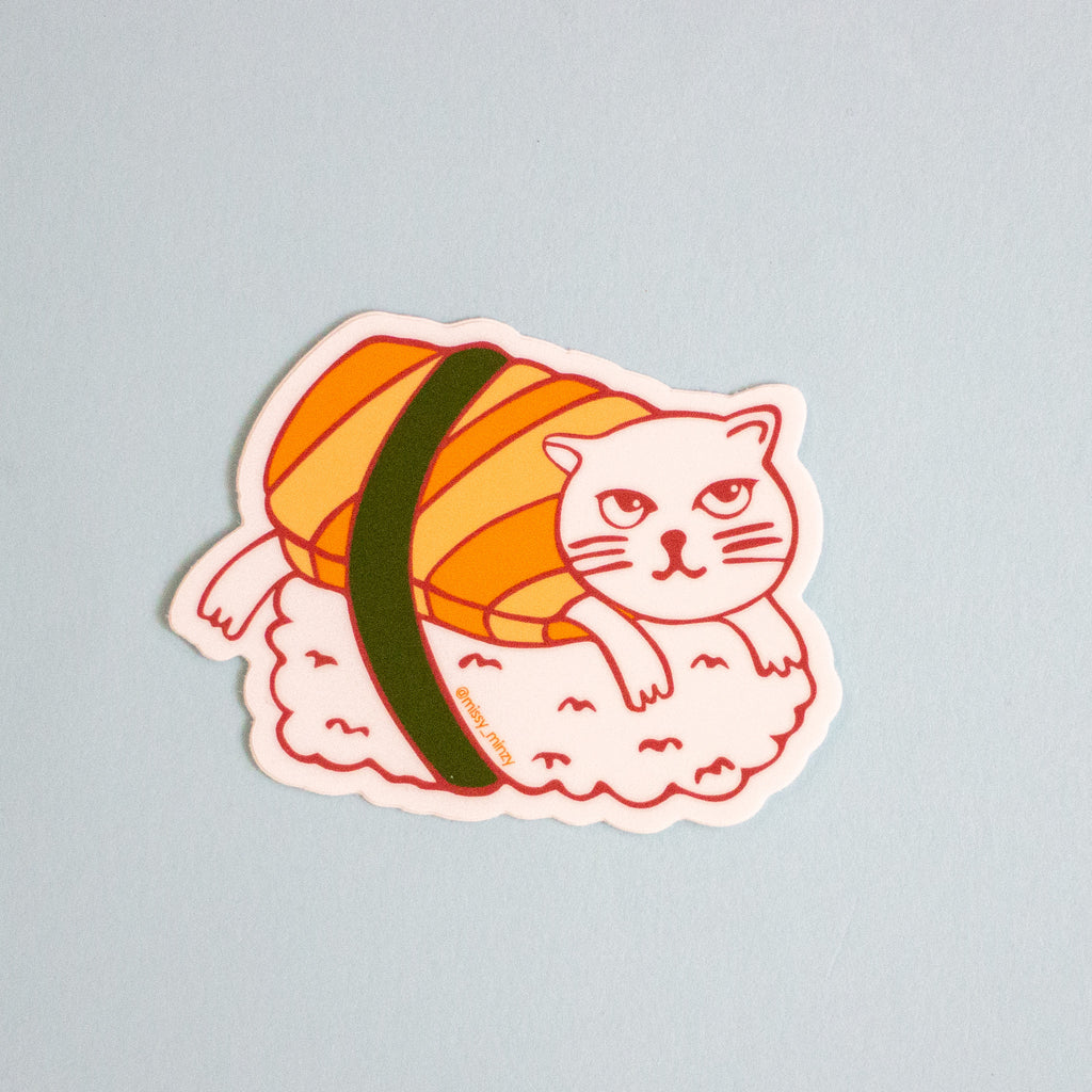 Sticker of a cat inside a sushi roll on a light grey background