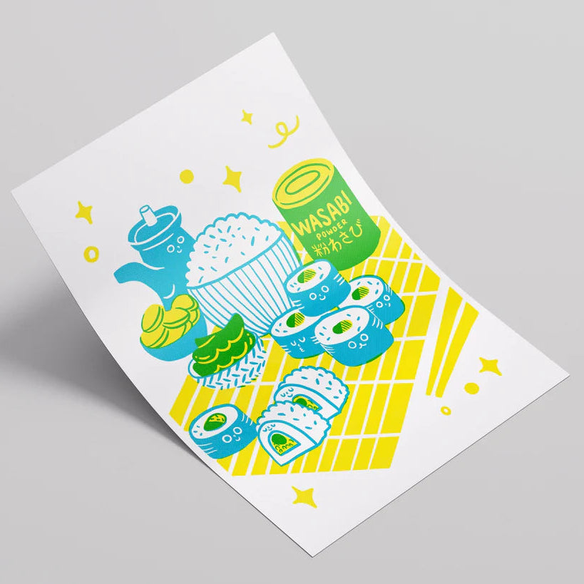 Riso print with illustrations of Japanese food on a white background