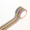 A roll of decorative washi tape with a vibrant, multicoloured wavy stripe pattern on a clean white background.