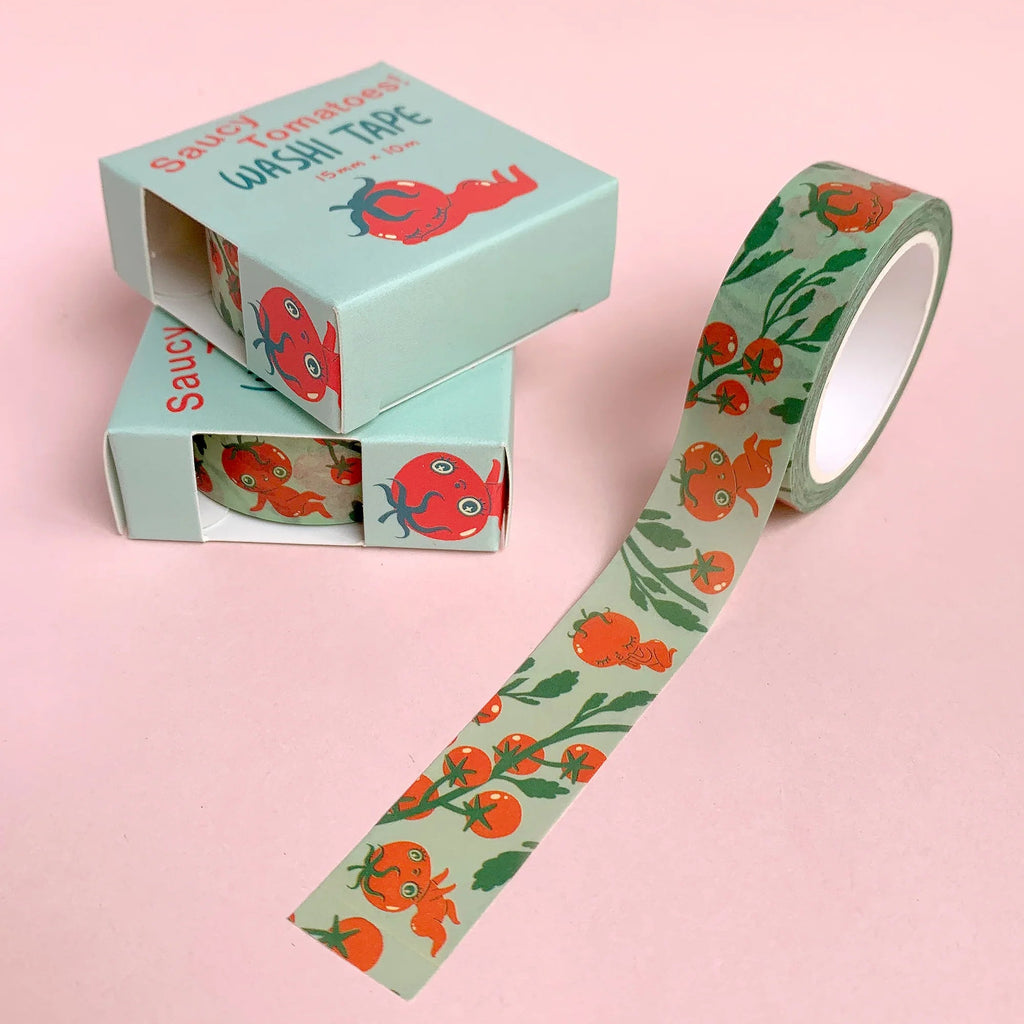 Washi tape with tomato design and packaging on a pink background