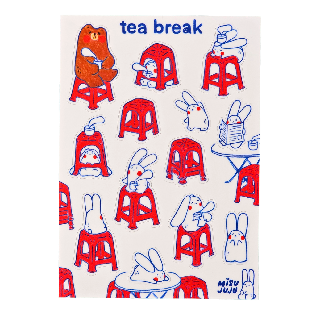 A rectangular sticker sheet with a white background and a repeating cartoon pattern of red plastic stools, white rabbits, and small illustrated characters, with the words 'tea break' at the top and 'Misu Juju' in the lower right.