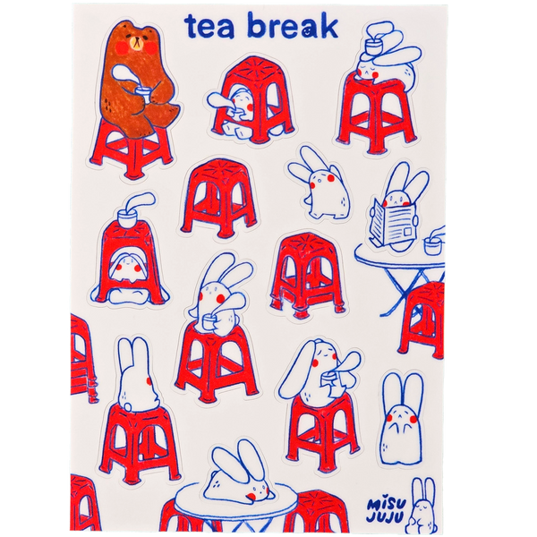 A rectangular sticker sheet with a white background and a repeating cartoon pattern of red plastic stools, white rabbits, and small illustrated characters, with the words 'tea break' at the top and 'Misu Juju' in the lower right.