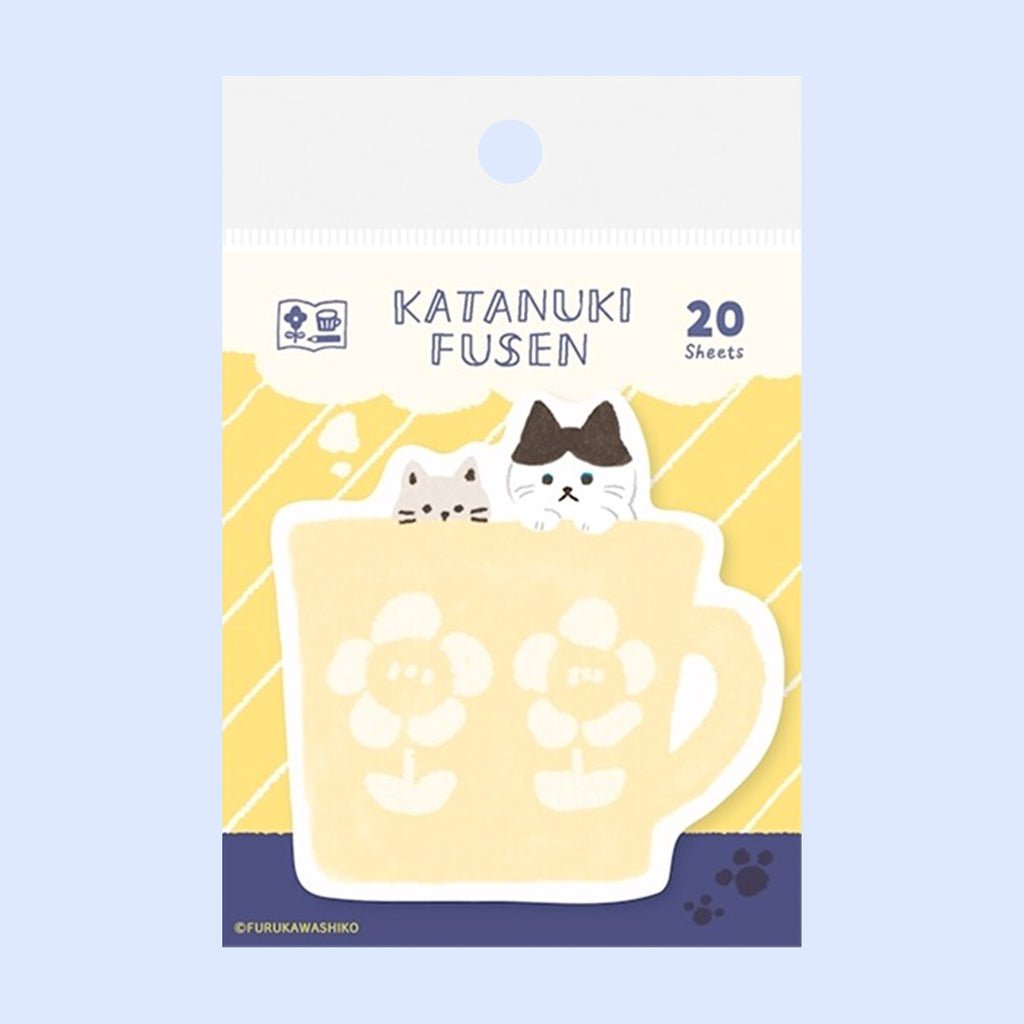 A package of 20 cute cat-themed sticky notes labeled 'KATANUKI FUSEN'. The notes are shaped like a yellow coffee cup with two cartoon cats peeking out from behind, set against a yellow and navy blue illustrated card on a light blue background.