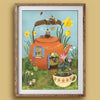 Framed illustration of a red teapot house with garden elements on a light green background