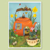 Illustration of a red teapot house with garden elements on a light green background