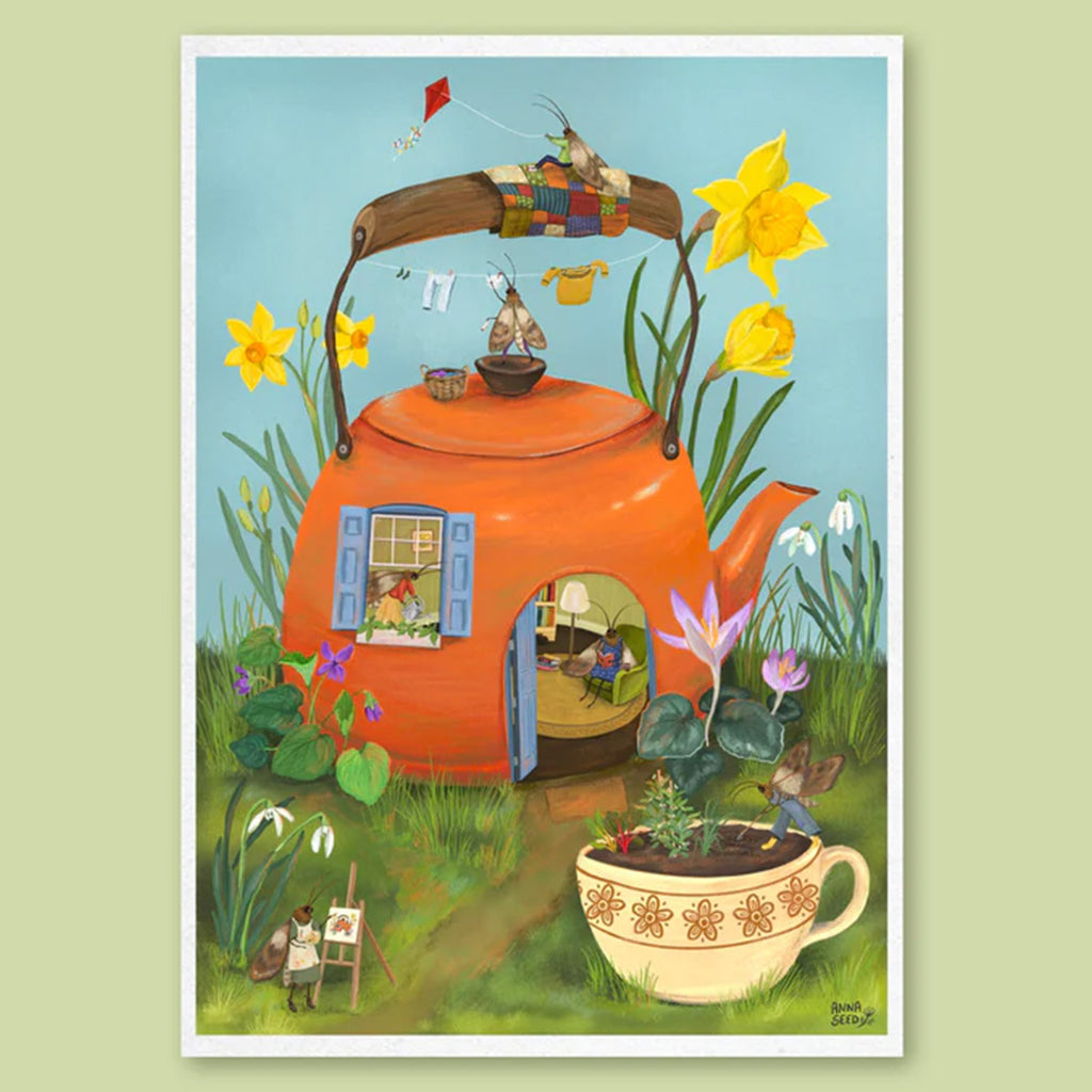Illustration of a red teapot house with garden elements on a light green background