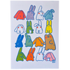 A vertical art print featuring a grid of cute, stylized cartoon rabbit and bear characters in various colors like red, blue, green, yellow, orange, and pink, outlined in black on a white background.