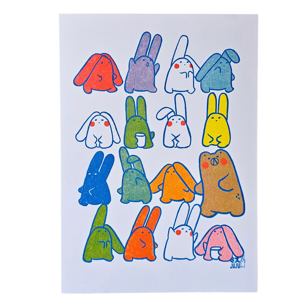 A vertical art print featuring a grid of cute, stylized cartoon rabbit and bear characters in various colors like red, blue, green, yellow, orange, and pink, outlined in black on a white background.