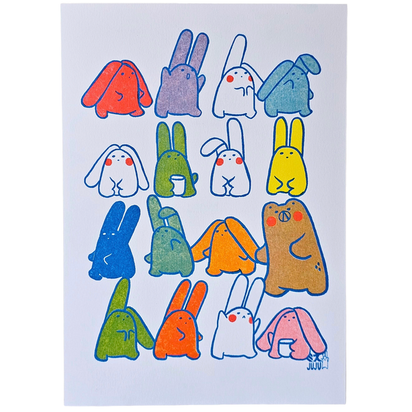 A vertical art print featuring a grid of cute, stylized cartoon rabbit and bear characters in various colors like red, blue, green, yellow, orange, and pink, outlined in black on a white background.