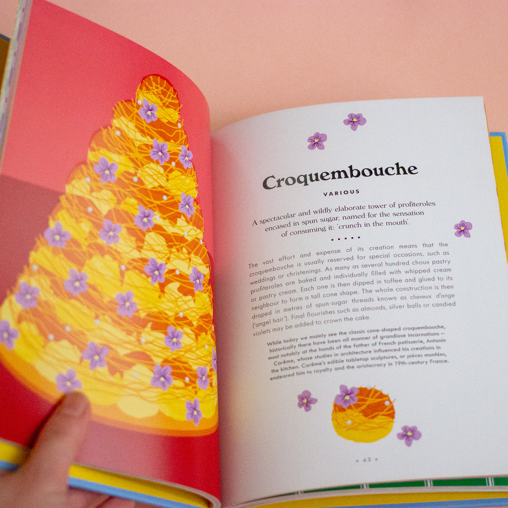 An illustration of a cake in a book on a peach background