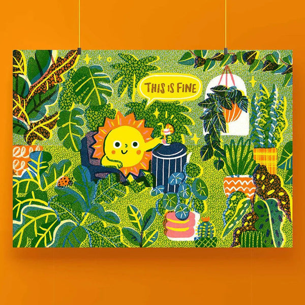 Riso print with illustrations colourful cartoon and This Is Fine wording