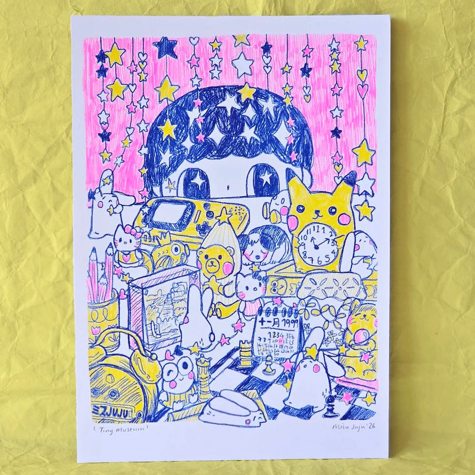 A white art print featuring a colourful hand-drawn illustration of a cute character in a starry room, displayed on a textured yellow background.