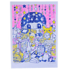 A colourful art print featuring a whimsical illustrated scene with stars, a yellow figurines, and cute characters in a room, shown against a white background.