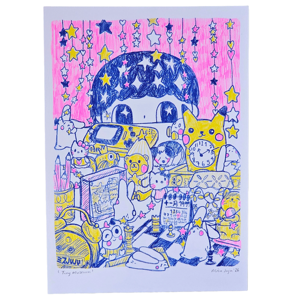 A colourful art print featuring a whimsical illustrated scene with stars, a yellow figurines, and cute characters in a room, shown against a white background.