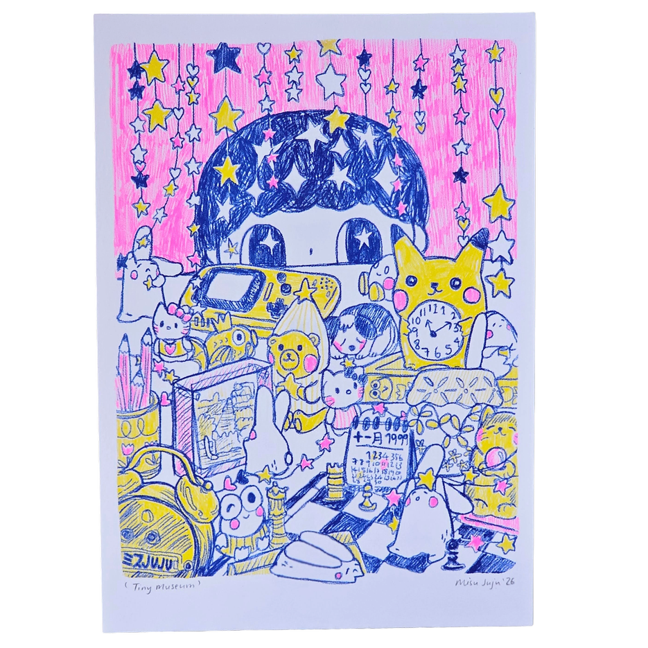 A colourful art print featuring a whimsical illustrated scene with stars, a yellow figurines, and cute characters in a room, shown against a white background.