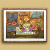A framed art print featuring a whimsical illustration of a green frog washing dishes in a kitchen setting, mounted on a beige wall.