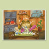 Art print featuring a whimsical illustration of a green frog washing dishes in a cozy kitchen setting, displayed against a solid light green background.