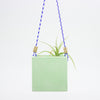 Green hanging planter with a small plant on a white background