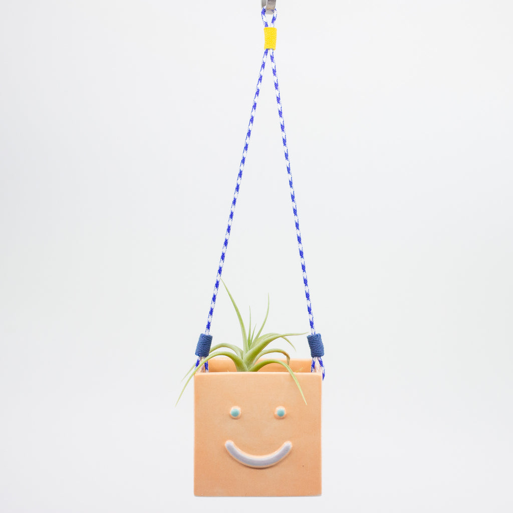 Smiley face planter with a hanging string on a light gray background