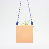 Square orange hanging planter with a blue and white rope on a light gray background