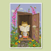 A vertical art print featuring a whimsical illustration of a frog sitting on a toilet and reading a newspaper inside an open wooden door, surrounded by flowers and greenery, set against a light olive-green background.
