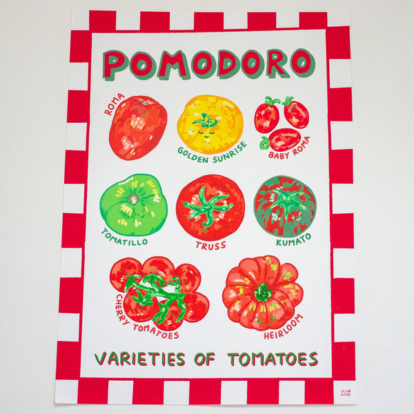A rectangular print titled 'POMODORO VARIETIES OF TOMATOES' featuring colourful hand-painted tomato illustrations with labels on a white background with a red-and-white checkered border.