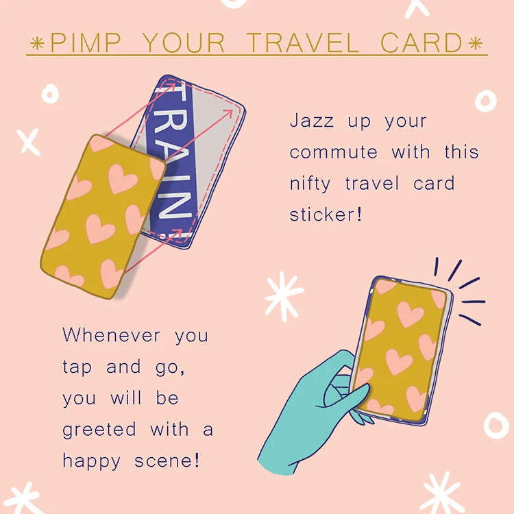 Travel card with heart pattern and text on a pink background