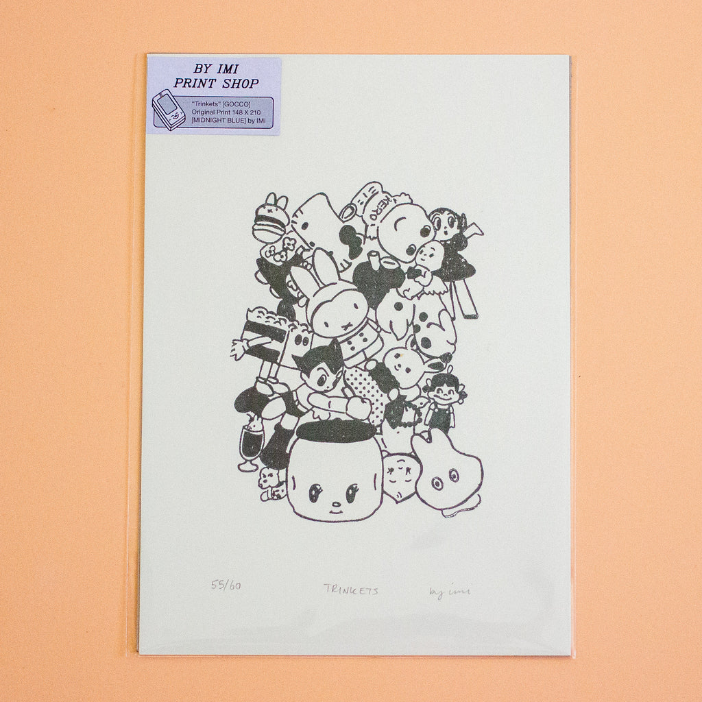 A printed art piece with a black line drawing of a pile of cute cartoon characters, photographed against a peach-coloured background. A purple label in the top-left corner reads 'BY IMI PRINT SHOP'.