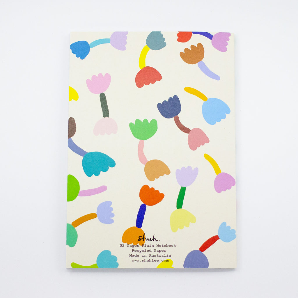 Back view of the tulip notebook. Cover has multicoloured tulip motif on cream background. Also shows inside with blank white pages. 