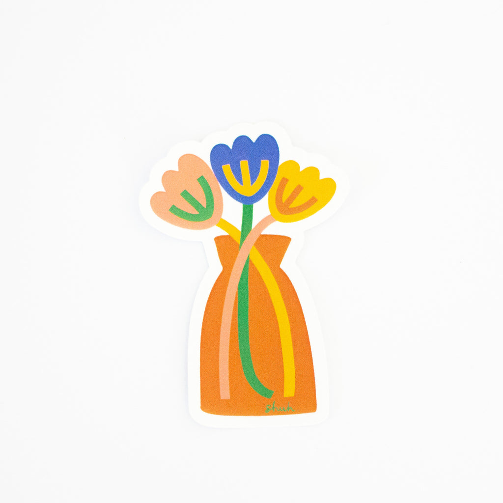 The tulips sticker. 3 tulips, multicoloured, in an orange vase. 