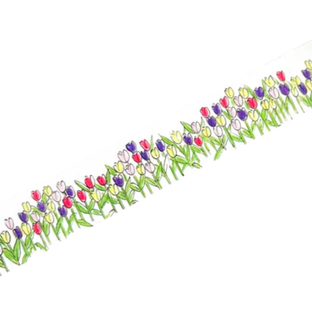 A close-up of a floral patterned trim or ribbon featuring rows of tulips in purple, red, yellow, and white with green stems and leaves, set against a plain white background.