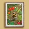 Framed artwork of a bee gardening with vegetables on a beige wall