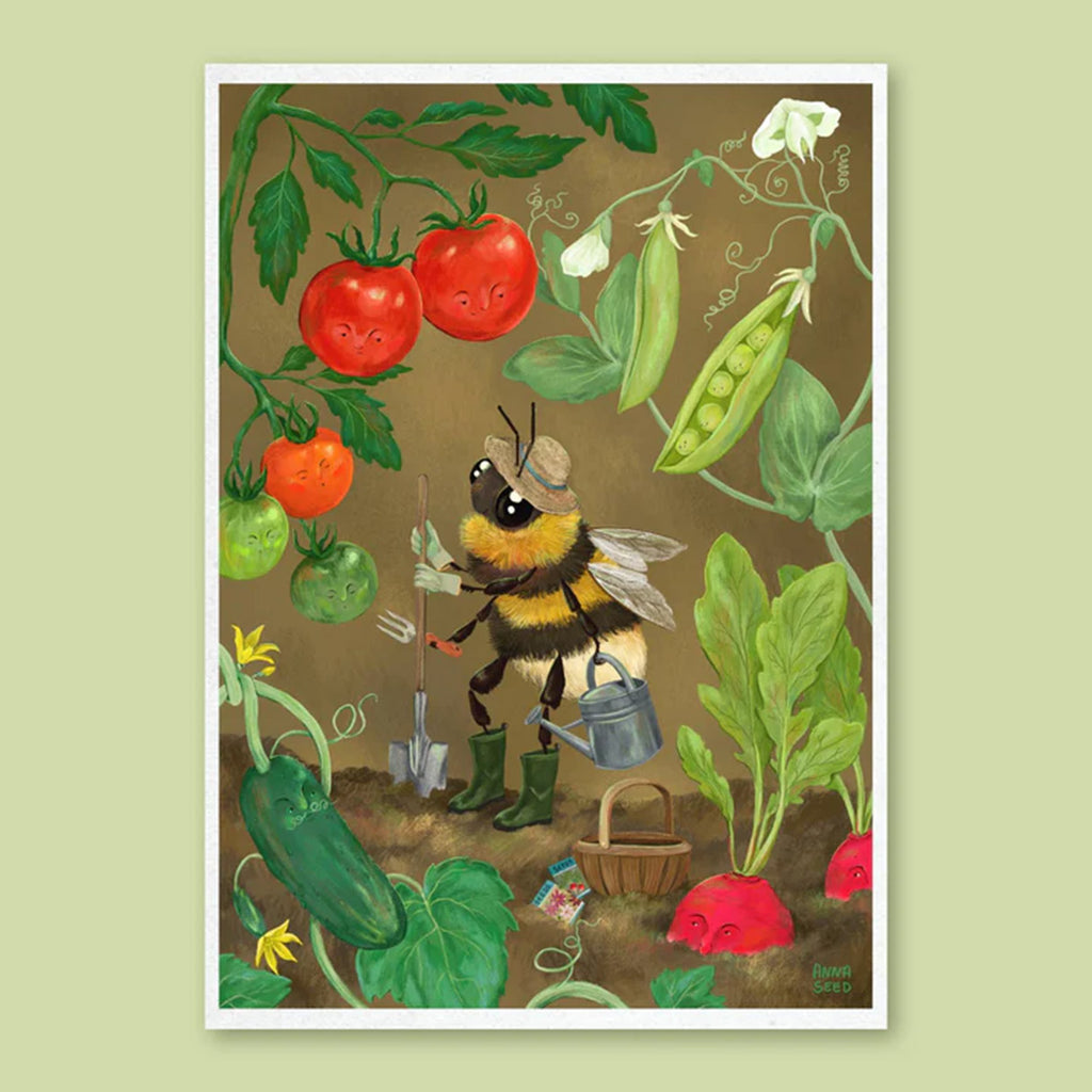 Illustration of a bee gardening with vegetables and tools on a green background