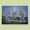 Three rabbits dancing under a starry night sky with a crescent moon.