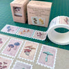 Vintage mushroom-themed washi tape with packaging on a green cutting mat.