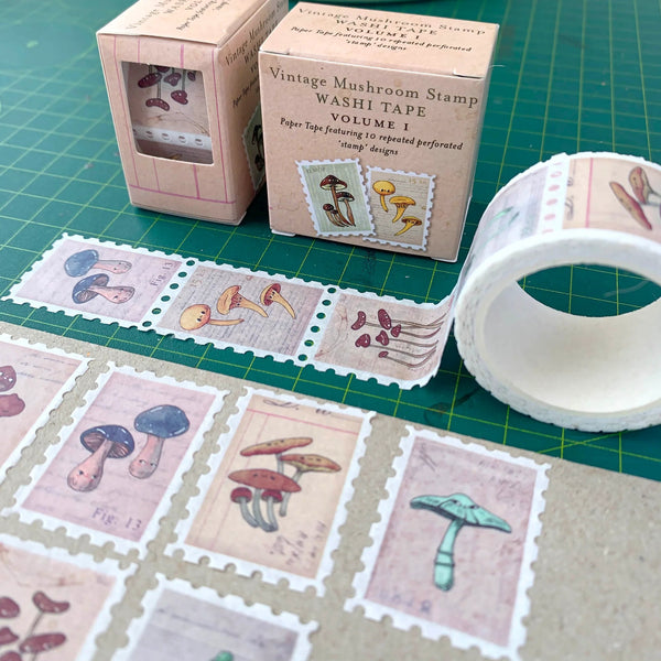 Vintage mushroom-themed washi tape with packaging on a green cutting mat.