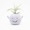 Front view of the Violet monster vase. Purple colour, raised arms, blue mouth, orange eyes, with air plant. 
