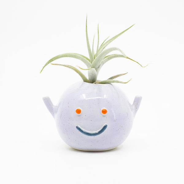 Front view of the Violet monster vase. Purple colour, raised arms, blue mouth, orange eyes, with air plant. 