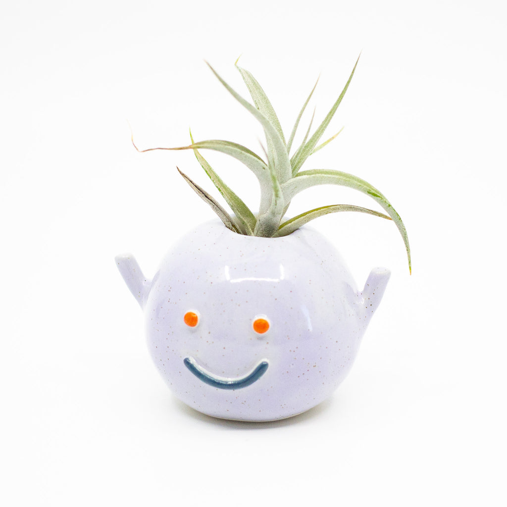Side view of the Violet monster vase. Purple colour, raised arms, blue mouth, orange eyes, with air plant. de